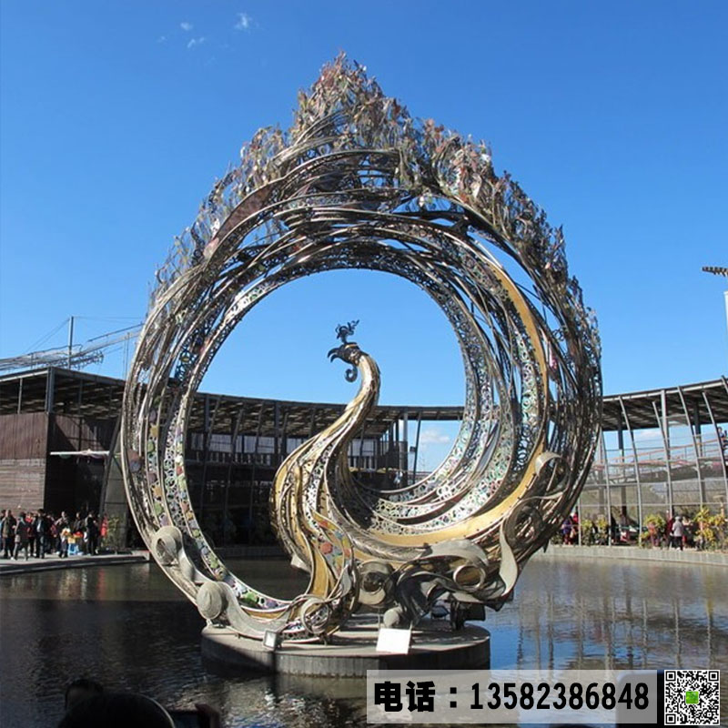 定制不锈钢镜面凤凰雕塑广场园林景观摆件